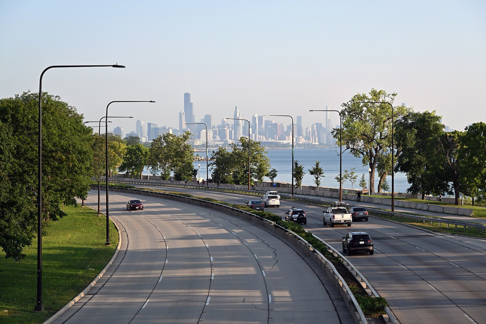 Morning traffic on Lake Shore Drive, with the Chicago skyline ahead