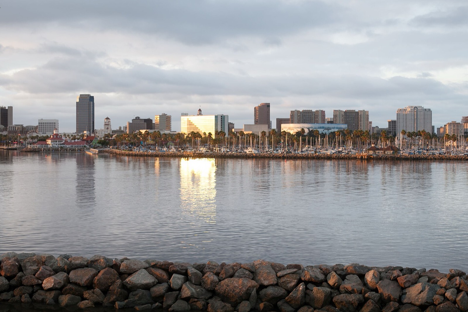 Long Beach harbor and skyline at dusk