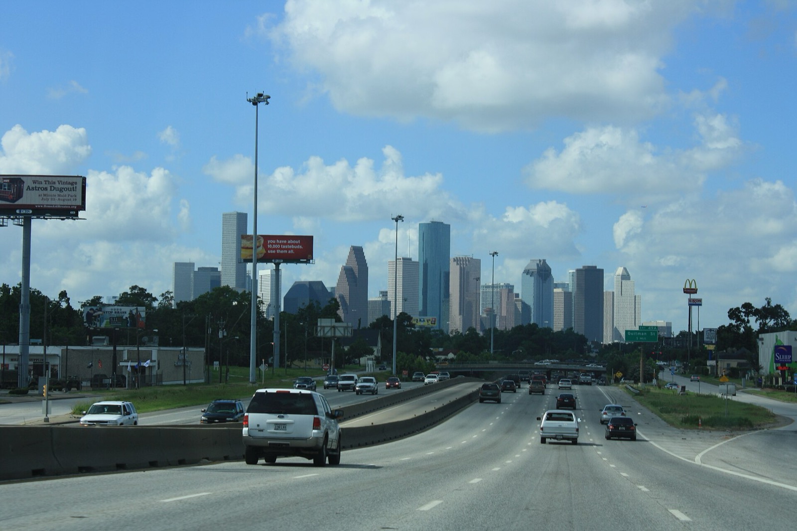 Southbound traffic on Houston's North Freeway, with downtown ahead